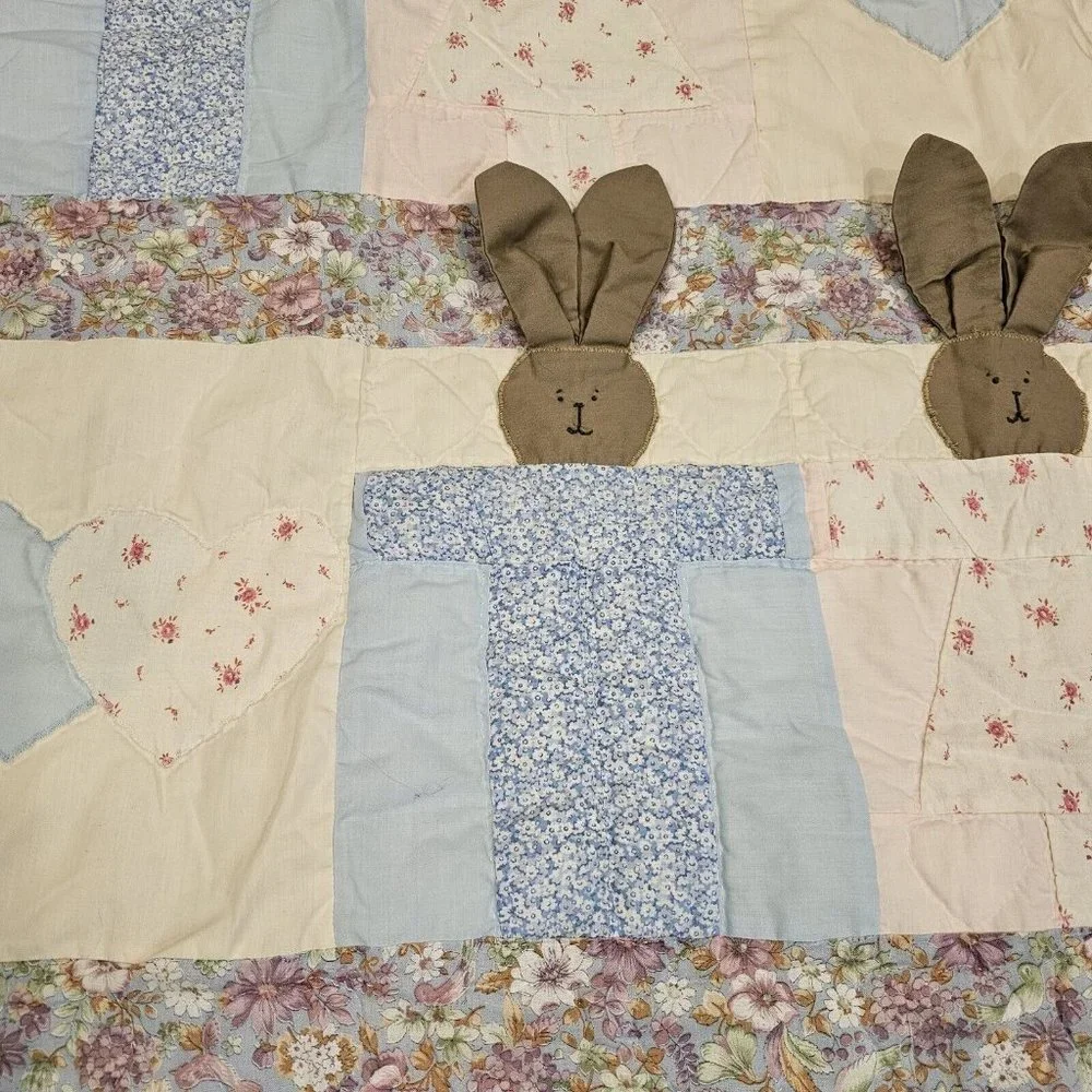 Vintage Baby Quilt Blanket Floppy Bunny Ears Hearts Blue Cream Pink Floral 44x50